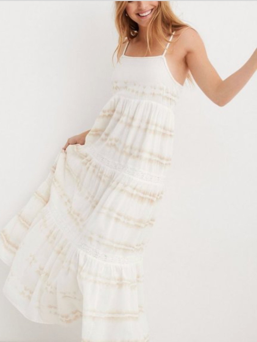 aerie Cream and Ivory Tiered Tie-Dye Maxi Sundress